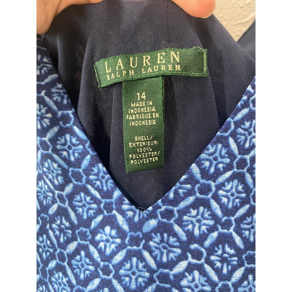 Lauren Ralph Lauren Geo Print Indigo Sky V-neck Dress sz 14 boho coastal - Picture 6 of 7